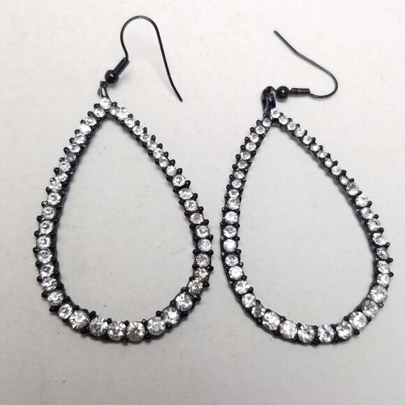 Vintage Large Rhinestone and Black Enamel Dangle Drop Shape Earrings, Estate - Picture 6 of 6